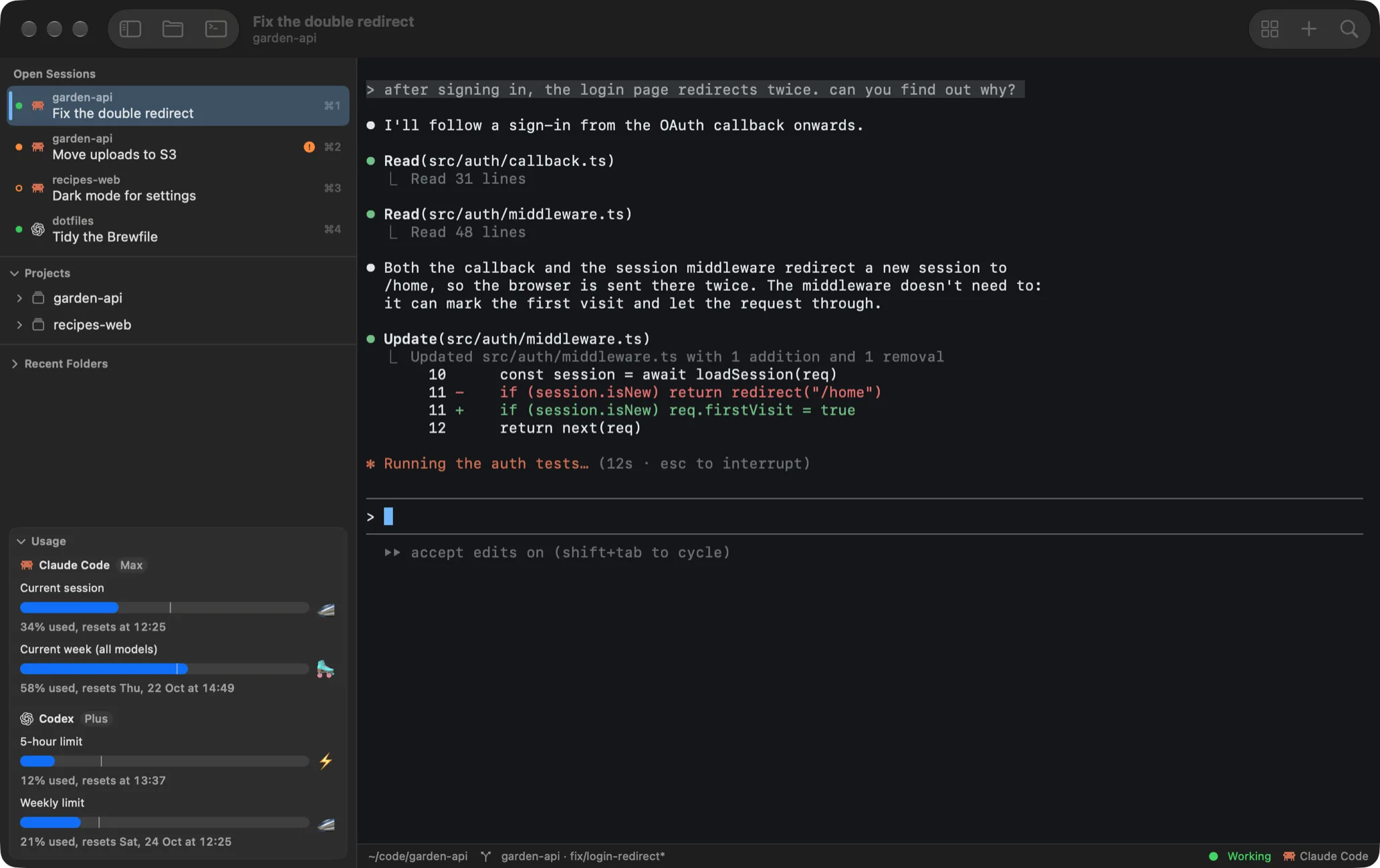 Thalamux's window: four sessions in the sidebar, each saying whether it is working or waiting; ⌘K finding a session by what was asked in it; a terminal beside a session; the project's files, and a Markdown file in the editor and then rendered.